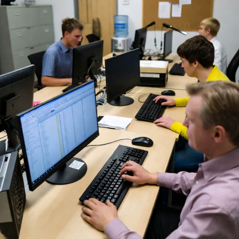 Employees doing important but boring office work