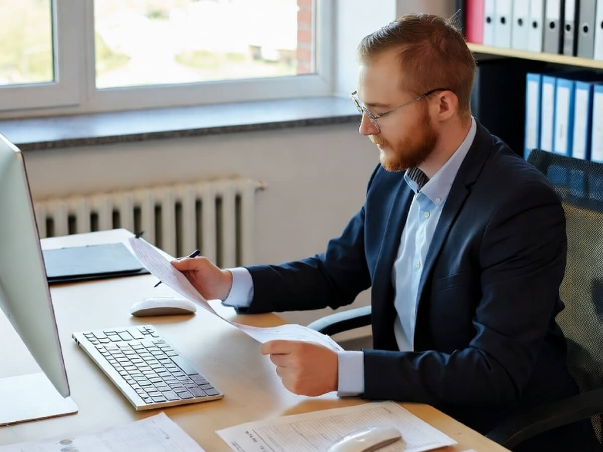 Financial advisor reviewing paperwork and compliance documents